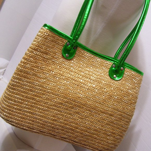 Summer Resort Cruise Vegan Straw Handbag Tote Trimmed in Metallic Green NWOT - Picture 1 of 4